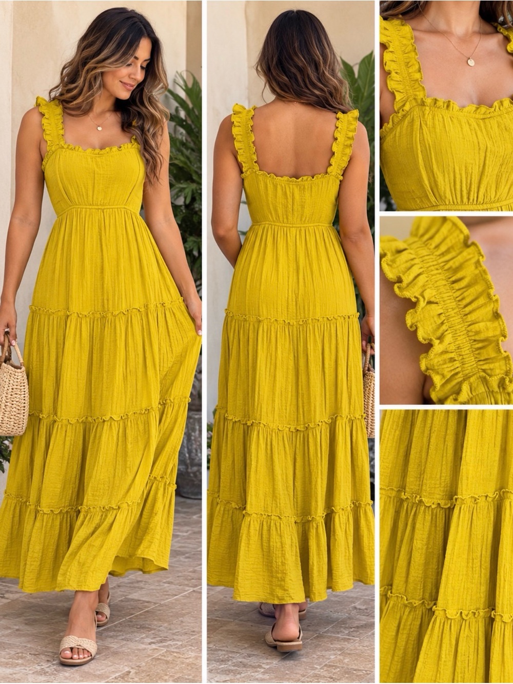 Luxology Mustard Yellow Ruffle-Trim Tiered Maxi Dress